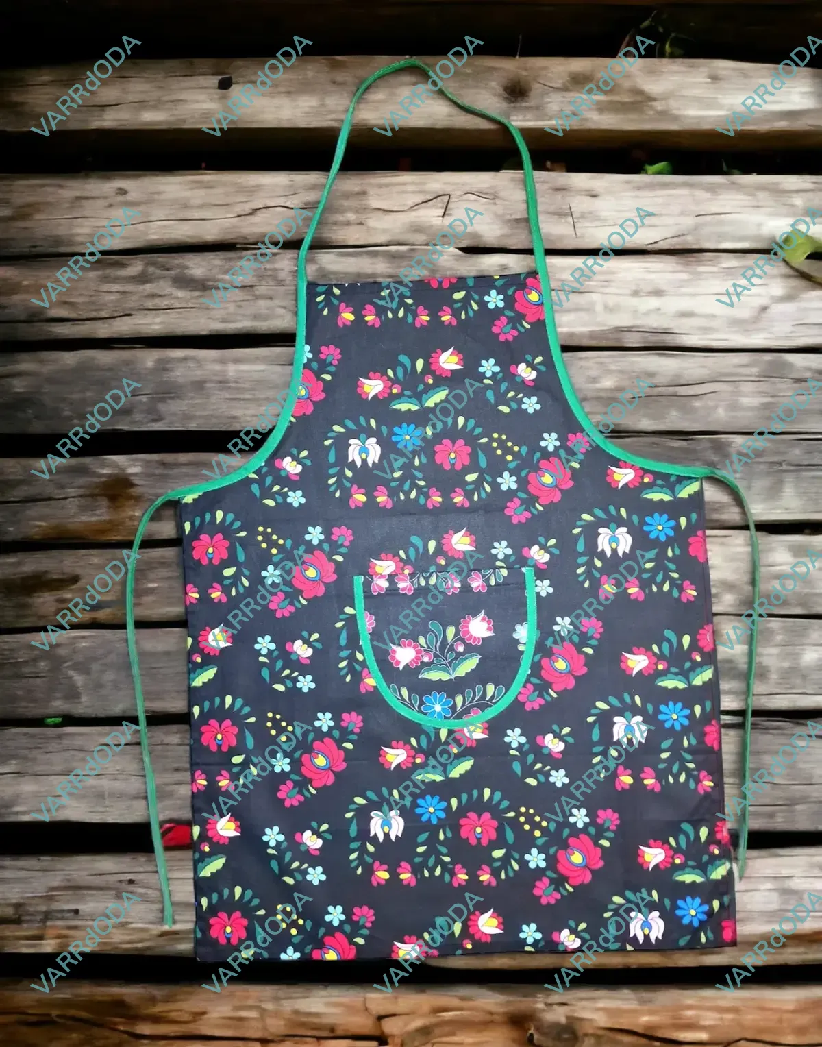 Fekete-zöld kalocsai kötény felnőtteknek